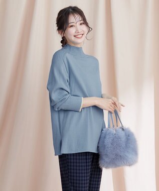 Tiaclasse 【洗える】配色ハイネックニットトップス サックス