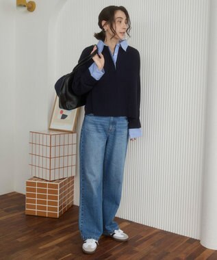 WEGO 【ANGIE VINTAGE】シャツ襟 ドッキング　フェイクレイヤード ニット トップス ネイビー