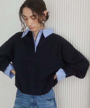 WEGO 【ANGIE VINTAGE】シャツ襟 ドッキング　フェイクレイヤード ニット トップス ネイビー