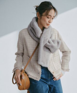 自由区 ファンシーノットツイードノーカラー ジャケット ベージュ