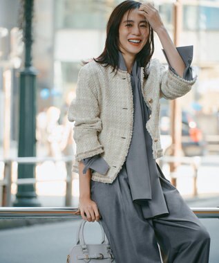 自由区 ファンシーノットツイードノーカラー ジャケット ベージュ