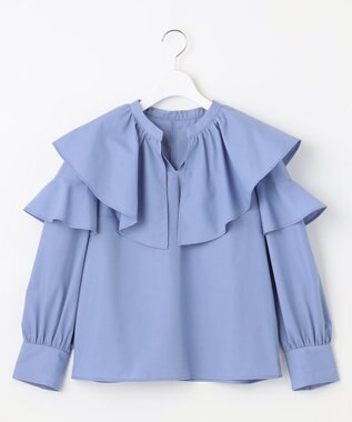Feroux 【洗える】ラッフルスキッパー ブラウス スカイブルー系