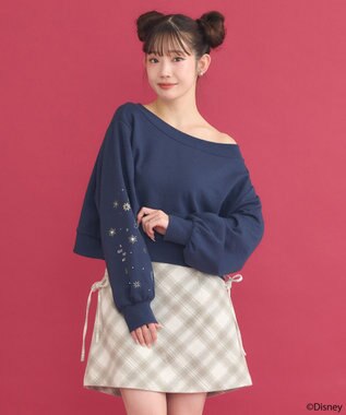earth music&ecology Disney/キラキラモチーフ刺繍オフショルスウェット ネイビー