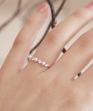 Tiaclasse 3粒パール&ストーンリング ピンクゴールド