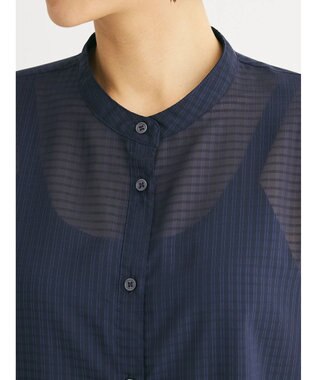 Green Parks シアーチェック袖ドロストシャツチュニック Dark Navy