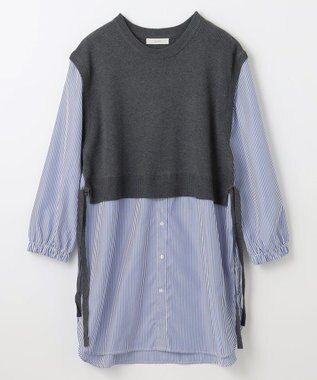 ANY レイヤード風チュニック グレー×ブルーストライプ