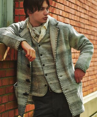 JOSEPH ABBOUD 【キングサイズ・インポート素材/アルパカブレンド/軽い】アルパカブレンドかすりボーダー ニット ジャケット