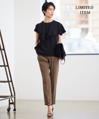 ICB 【接触冷感・UVケア・防シワ・洗える】エステルダブルクロス  ラッフルデザインブラウス ブラック系