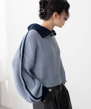 WEGO 2ラインハーフジップニットプルオーバー ブルー