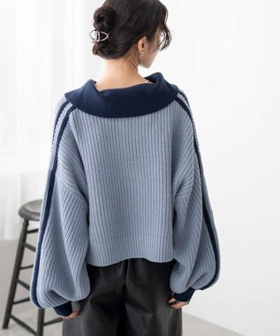 WEGO 2ラインハーフジップニットプルオーバー ブルー