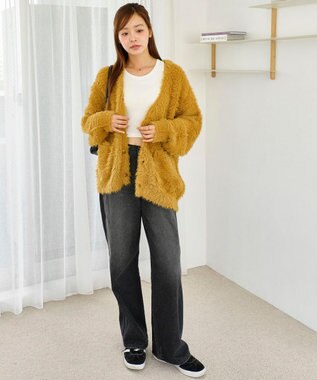 WEGO 【2025秋冬新作/ユニセックス着用ITEM/SMLサイズ展開】フェザーニットカーディガン イエロー