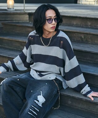 WEGO ボーダーダメージニットプルオーバー グレーボーダー