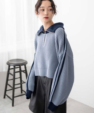 WEGO 2ラインハーフジップニットプルオーバー ブルー