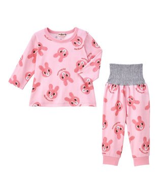 MIKI HOUSE HOT BISCUITS 【80-120cm】 キャビットフェイスプリント 腹巻き付き長袖パジャマ ピンク