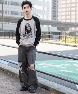 WEGO ラグランジャガードグラフィックプルオーバー ブラック