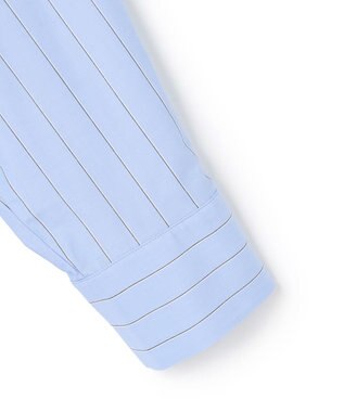 UNFILO L バンドカラー タックブラウス ブルーストライプ