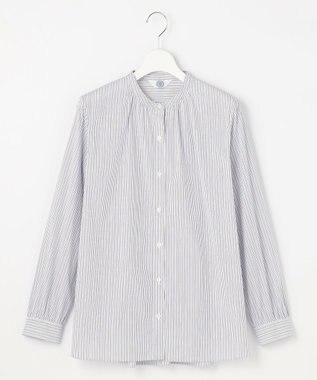 J.PRESS LADIES BEZ ドビーストライプ バンドカラー ブラウス ホワイト×パープル×ネイビー系