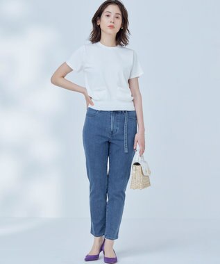 組曲 L ライトデニム ベルト付きストレートパンツ インディゴネイビー系