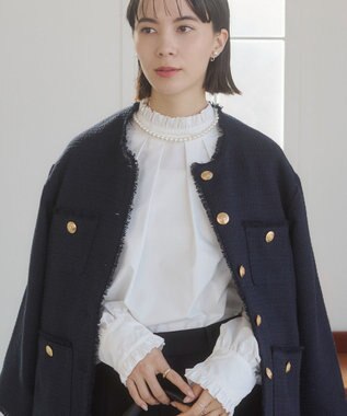 WEGO 【ANGIE VINTAGE/オケージョン対応 / セレモニー対応】ノーカラー ツイードジャケット ネイビー