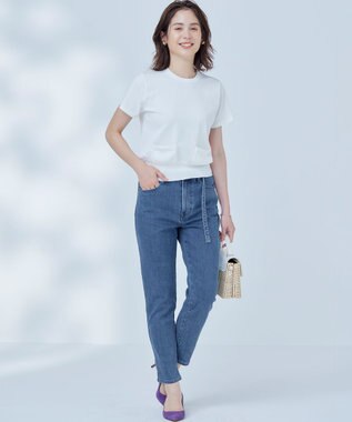 組曲 L ライトデニム ベルト付きストレートパンツ インディゴネイビー系