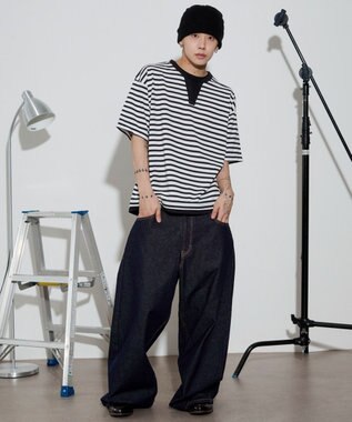 WEGO 【ユニセックス着用ITEM】キーネックフェイクレイヤードT（SS） ブラックボーダー