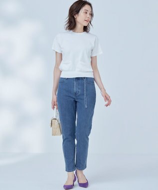 組曲 ライトデニム ベルト付きストレートパンツ インディゴネイビー系