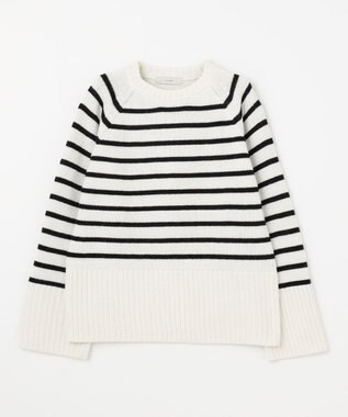 ANY 【6色展開】ラムウールラグランスリーブニット オフベース×ブラックラインボーダー