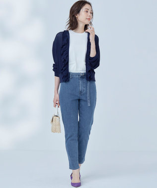 組曲 L ライトデニム ベルト付きストレートパンツ インディゴネイビー系