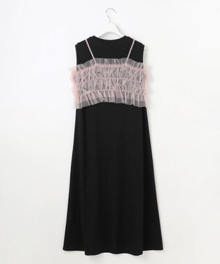 Feroux 【洗える】チュールキャミレイヤード カットソー ワンピース ブラック系