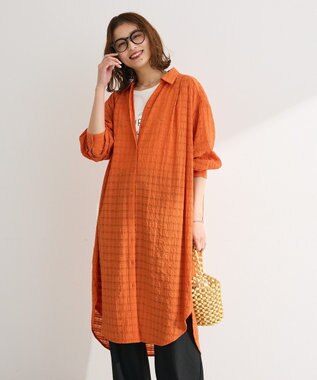 Green Parks シアーチェックシャツワンピース Orange