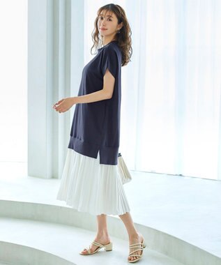 Tiaclasse 【洗える】裏毛プリーツコンビワンピース ネイビー×オフ