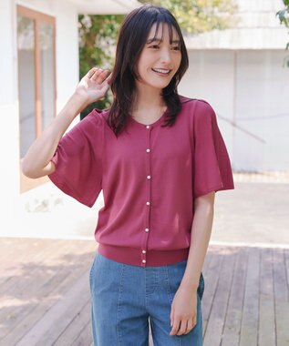 Tiaclasse 【洗える】フレアスリーブカーディガン ディープピンク