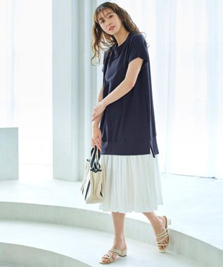 Tiaclasse 【洗える】裏毛プリーツコンビワンピース ネイビー×オフ