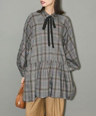 Green Parks ボウタイリボン付裾バルーンシャツワンピース Gray