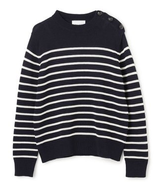 BEIGE， HELIODOR / レーヨンボーダーマリンボタンニット Navy × Ecru