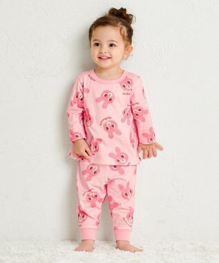 MIKI HOUSE HOT BISCUITS 【80-120cm】 キャビットフェイスプリント 腹巻き付き長袖パジャマ ピンク