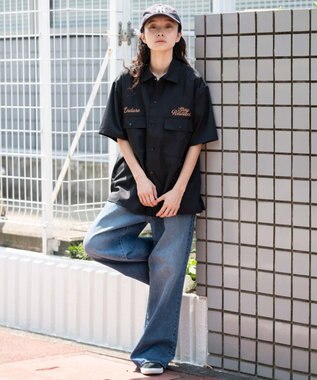 WEGO 【ユニセックス着用ITEM】刺繍ロゴツイルワークシャツ ブラック