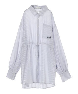 earth music&ecology ワンポイント刺繍ロングシャツ Stripe Navy