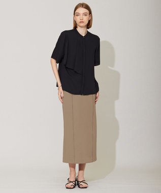 ICB 【洗える】BackSatinAmunzen 5分袖ラッフルデザインブラウス ブラック系