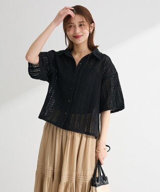 Green Parks インド綿 　衿付きレースシャツ Black