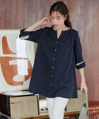 Tiaclasse 【洗える】クレリックシャツチュニックブラウス ネイビー×グレージュ