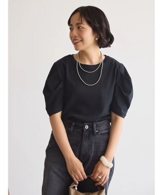 AMERICAN HOLIC 接触冷感タックスリーブ５分袖カットプルオーバー Black