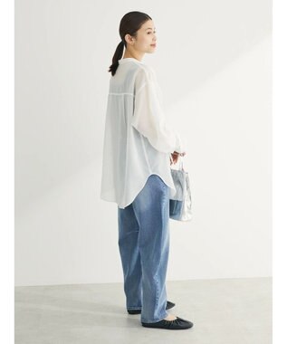 Green Parks シアーチェック袖ドロストシャツチュニック Off White