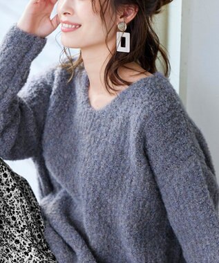 Tiaclasse L 【洗える】表情豊かなVネックMIX糸オーバーニット ブルーグレー
