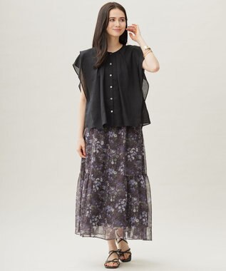 自由区 【セットアップ対応・洗える】ボタニカルフラワープリントティアード スカート セピア系