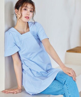 Tiaclasse 【洗える】ストライプフレアスリーブチュニックブラウス