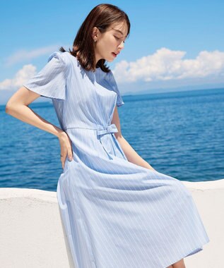 Tiaclasse 【洗える】ストライプアシンメトリーリボンワンピース サックス