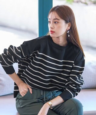 Tiaclasse 【洗える】ボーダー柄スポンジニットトップス ブラック