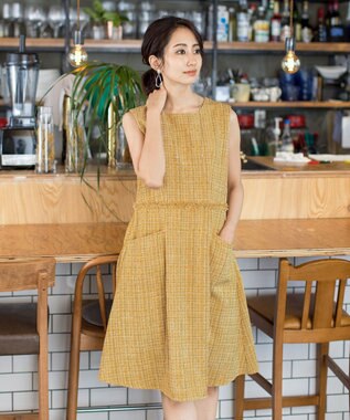 Tiaclasse 【洗える】大人華やかなツイードワンピース イエロー