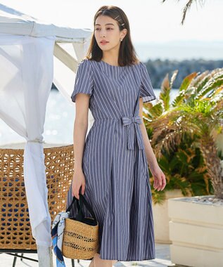 Tiaclasse 【洗える】ストライプアシンメトリーリボンワンピース ネイビー